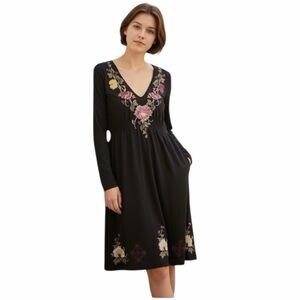 Johnny Was Black Embroidered V Neck Empire Dress